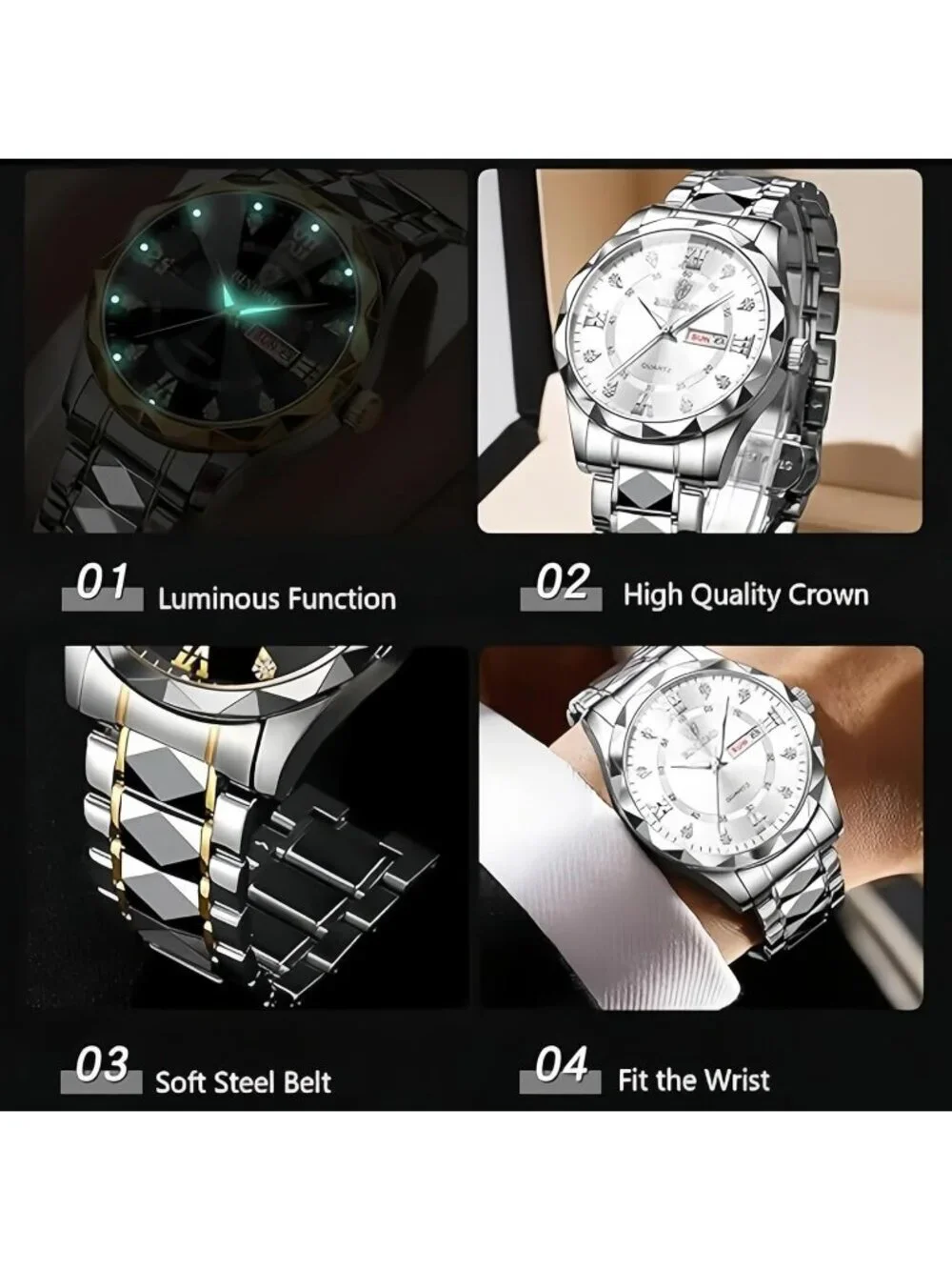Unisex Blue And Black Analog Stainless Steel Roman Numeral Diamond Luxury Watch